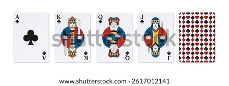 Colored playing cards of Clubs. King, Queen, Jack, Ace and card back.
