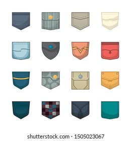 Colored pockets. Patches and fabric pockets for clothes bags shirt denim jackets vector collection