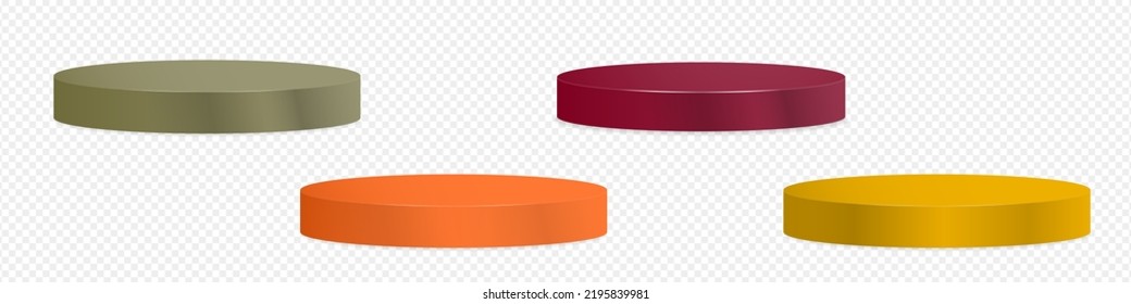 Colored podiums, orange, red, dark yellow. Round empty 3d podiums with subtle shadows.  Showroom pedestals.  Vector Illustration Mock up. Perfect for food and fashion products, fall concept.