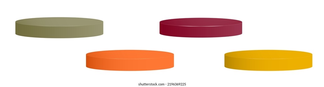 Farbige Podien, orange, rot, dunkelgelb. Runde leere 3D-Podien mit subtilen Schatten.  Showroom-Plätze.  Vektorgrafik-Mock-up Perfekt für Lebensmittel und Mode, Herbstkonzept.