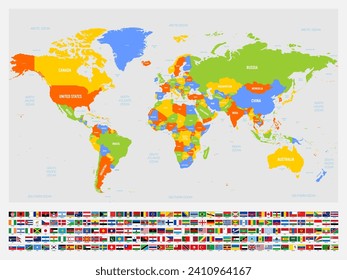 Mapa político de colores del mundo con etiquetas de país y agua. Con un conjunto de banderas nacionales de países bajo el mapa. Ilustración vectorial.