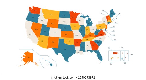 Colored Political US Map with titles of the states. All USA regions are separated and named in a layer panel