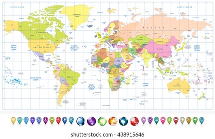 Colored political World Map and 3D globes with navigation icons isolated on white.All elements are separated in editable layers clearly labeled.