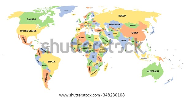 Colored Political World Map Black Labels Stock Vector Royalty