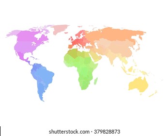 Colored political world map. Different colors for each continent.