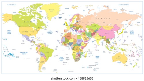 Colored Political World Map Isolated On White.All Elements Are Separated In Editable Layers Clearly Labeled.