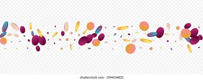 Colored Polka Top Panoramic Transparent Background. Hologram Flying Shine Texture. Abstract Design. Rainbow Christmas Wallpaper.