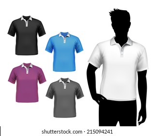 Colored polo fashion t-shirts male set with man body silhouette isolated vector illustration.