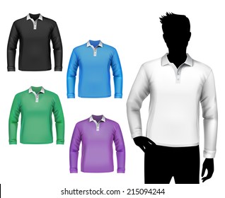 Colored polo long sleeve t-shirts male set with man body silhouette isolated vector illustration