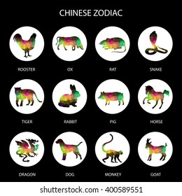 Colored Polygon Chinese zodiac signs icons set. Rat snake dragon