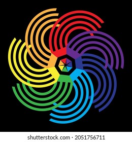 Colored polygon from pencil. Rainbow element. Curved semicircle. Black background. Vector illustration. Stock image. 