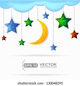 Colored polygonal hanging moon and star 