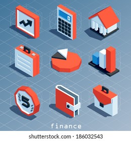 colored polygonal isometric finance icon set