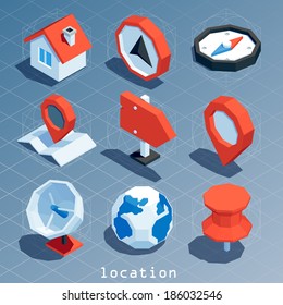 colored polygonal isometric location icon set