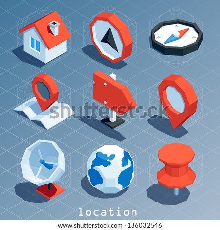 colored polygonal isometric location icon set
