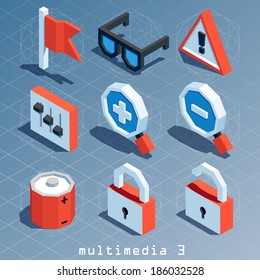 colored polygonal isometric multimedia icon set 3