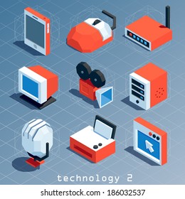 colored polygonal isometric technology icon set 2