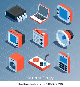 colored polygonal isometric technology icon set