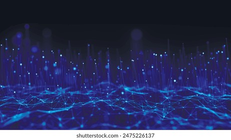 Colored polygonal space. Futuristic wave with dots and lines. Connection dots and lines structure. Digital background. Plexus effect. 3D vector