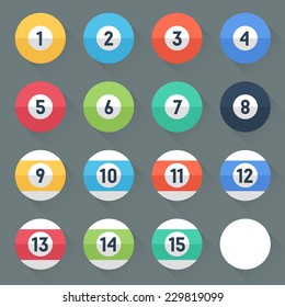 Colored Pool Balls. Numbers 1 to 15 and zero ball. Flat style with long shadows. Modern trendy design. Vector illustration.