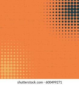 Colored pop art halftone background retro vector illustration. Sunbeam dot vintage texture blank backdrop for comic letter, word, phrase. Yellow, orange color.