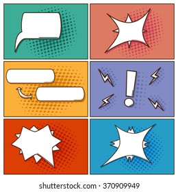 Colored pop art speech bubbles set on different colored backgrounds