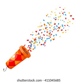 Colored Popper on white background. Cartoon popper - a concept of fun and celebration. Shooting Popper festival element. Sign holiday. Confetti and popper on white background, isolate. Stock vector