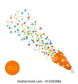 Colored Popper on white background. Cardboard popper - a concept of fun and celebration. Shooting Popper festival element. Sign holiday. Confetti and popper on white background, isolate. Stock vector