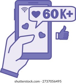 Colored Popular Icon. Vector Illustration. Human Hand Holding a Mobile Phone. Many Likes and Followers on Social Media, Thumbs Up. Heart Concept