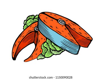 Colored Portion of fried tuna fish with greens. In the style of old engraving, vector illustration isolated on white background