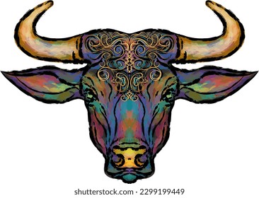 Colored portrait of a bull with golden horns and gold pattern. Element for design