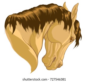 Colored portrait of horse with a curved neck. Head of Buckskin stallion with dark brown mane. Watchful steed laid his ears back Vector clip art on a white field. Design element for equestrian club.