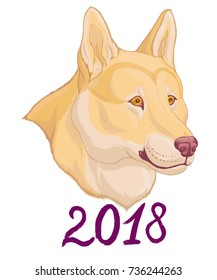 Colored portrait of Siberian Laika. Realistic vector illustration of a pale yellow husky with pink nose. Image of a Brown Earth Dog, symbol of the new 2018 year by the Chinese zodiac.