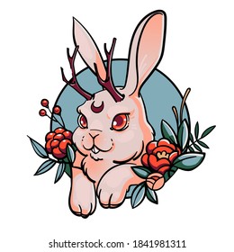 Retrato de color de conejo blanco lindo con cuerdas, rodeado de flores, marco redondo, ilustración vectorial aislada en fondo blanco. Jackalope o jackrabbit. Chimera. 