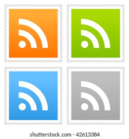 Colored postage stamps with rss symbol and drop shadow on a white background