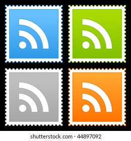 Colored postage stamps with rss symbol on a black background