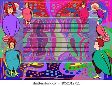 colored postcard with bright patterns and birds with human heads. The center of the place for text