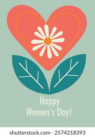 Colored postcard with the inscription Happy Women's Day. Bright flowers, sun, leaves.