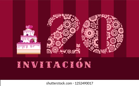 Colored postcard with the number 20 on the Burgundy striped field. The inscription in Spanish "invitation". Invitation to the anniversary, birthday, holiday. 