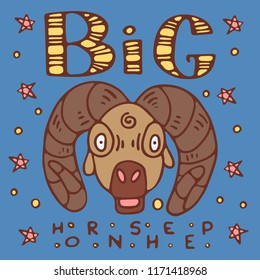 A colored poster with a big-horn sheep, lettering and stars in a doodle style