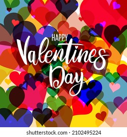 Colored poster, card or event banner. Valentine's day vector, valentines with abstract, hearts background. Geometric prints, colorful patterns. Vector illustration isolated on white background.