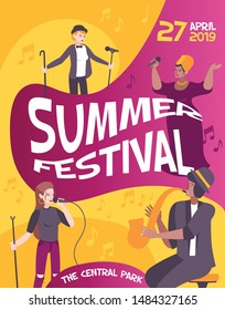 Colored poster concert with bright colors summer festival headline and date of concert vector illustration