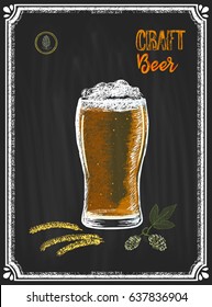 Colored poster in a frame with a glass of beer surrounded by spikelets and a branch of hop prepared in chalk on a blackboard. Lettering craft beer.
