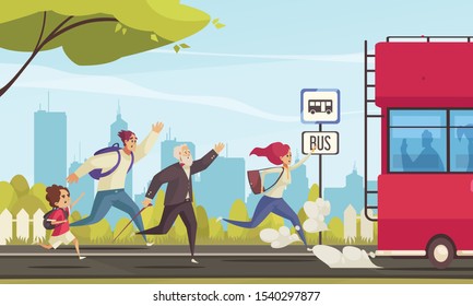 Colored poster illustrated running people lagging behind bus at city landscape background cartoon vector illustration