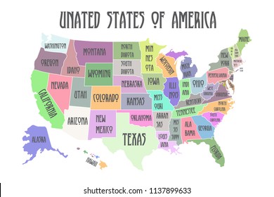 Colored Poster map of United States of America with state names. Black and white print map of USA for t-shirt, poster or geographic themes. Hand-drawn font and white map with states. Algorithm binary
