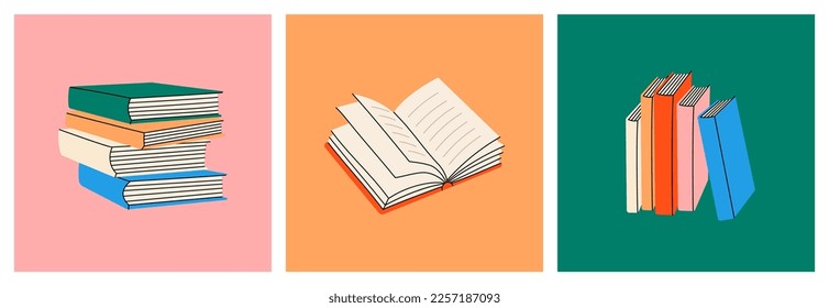 Colored posters with hand drawn closed and open books. Bookstore, library, book shop illustration. Books isolated on colored background.