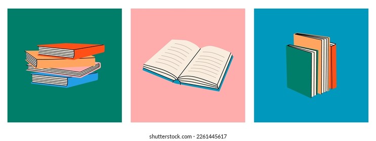 Afiches de colores con libros cerrados y abiertos a mano. Literatura, diccionarios, planificadores aislados en fondo de color. Biblioteca, cartel de la librería