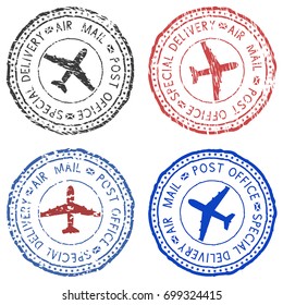 Colored postmarks. Round SPECIAL DELIVERY ink sign with plane. Vector illustration isolated on white background