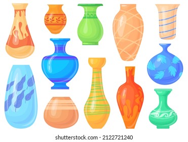 Colored pottery vases. Cartoon ceramic vase, porcelain vessel for flowers, chinese asian object, old clay tall floral pot, decor glass colorful jug, vector illustration. Vase pottery for decoration