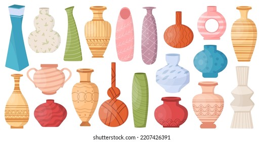 Colored pottery vases pots set. Cartoon ceramic vase, porcelain vessel for flowers, chinese asian object, old clay tall floral pot, decor glass colorful jug. Flat vector illustration